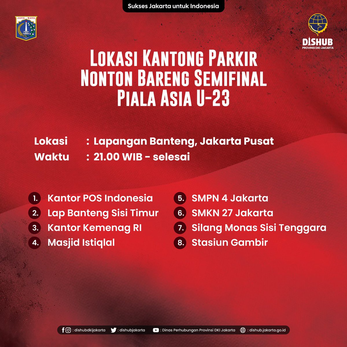 TERUS MENYALAA TIMNASKU!!!🔥🔥🔥🔥 Yuk, dukung Timnas Indonesia di Semifinal Piala Asia U-23 melawan Uzbekistan malam di Lapangan Banteng, Jakarta Pusat pukul 21.00! ⚽ 🇮🇩 Simak informasi mengenai Shuttle Bus dan Kantung Parkir di sini ya! #DishubDKIJakarta #DKIJakarta