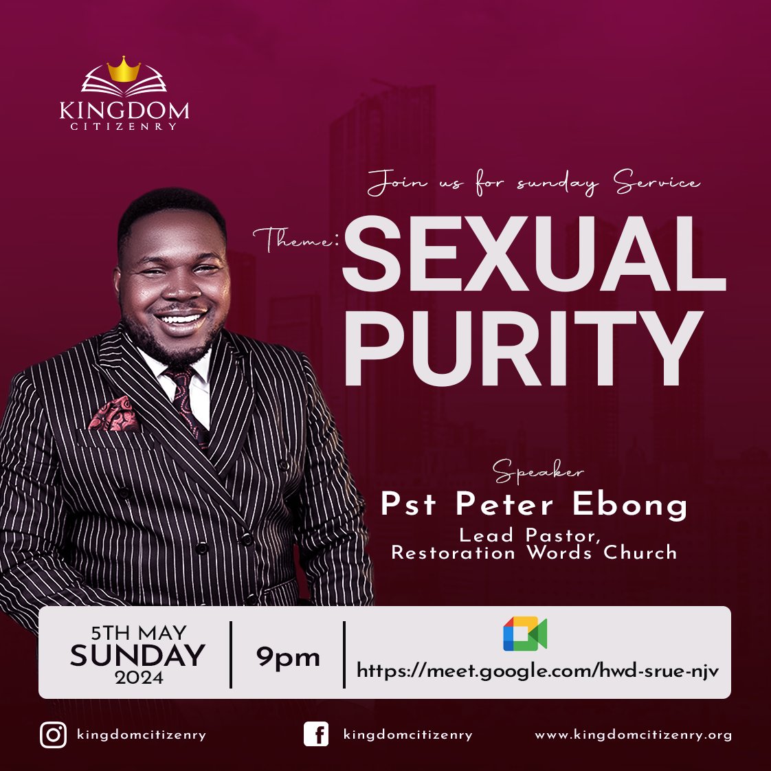 This Sunday with Pst. Peter Ebong @PeterEbong3, Lead Pastor, Restoration Words Church!!! Topic: Sexual Purity Time: 09:00 pm Google Meet: meet.google.com/hwd-srue-njv 📍You can't afford to miss!! Make it a date! 💖✨