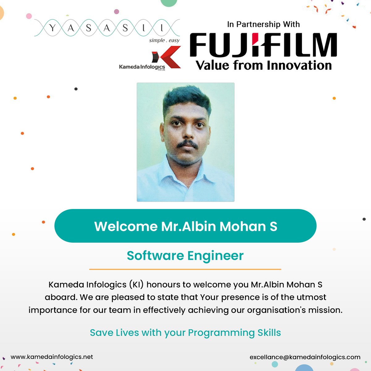 Welcome to the Kameda Family! 🌟 We are thrilled to introduce our newest team members who have joined us on this exciting journey. 👋 Join us in extending a warm welcome to Mr.Albin Mohan S !🎉#newhires #welcomeaboard #teamworkmakesthedreamwork