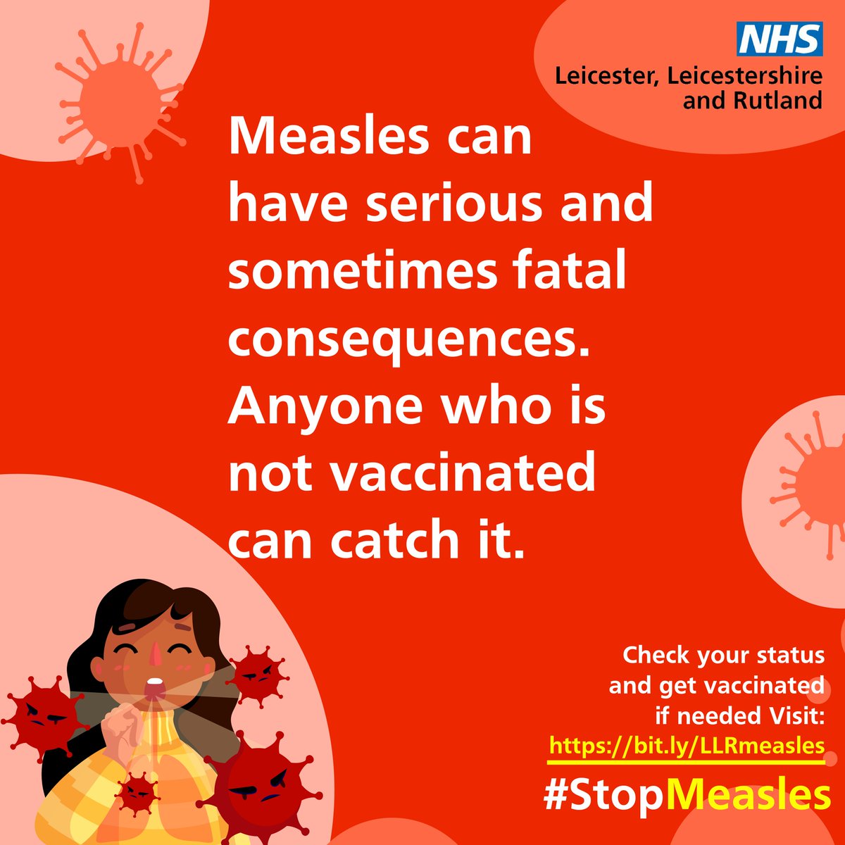 Measles spreads easily. Anyone who is not vaccinated can catch it. Measles can have serious and sometimes fatal consequences, so make sure you’re up to date with #MMR vaccinations and ask your GP practice about catch up jabs if needed. Visit: bit.ly/LLRmeasles