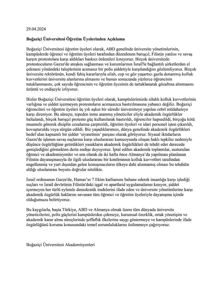 Boğaziçi Üniversitesi Akademisyenlerinin üniversitelerdeki Gazze protestolarına yönelik sistematik saldırılara ve ifade özgürlüğü ihlallerine cevabıdır.