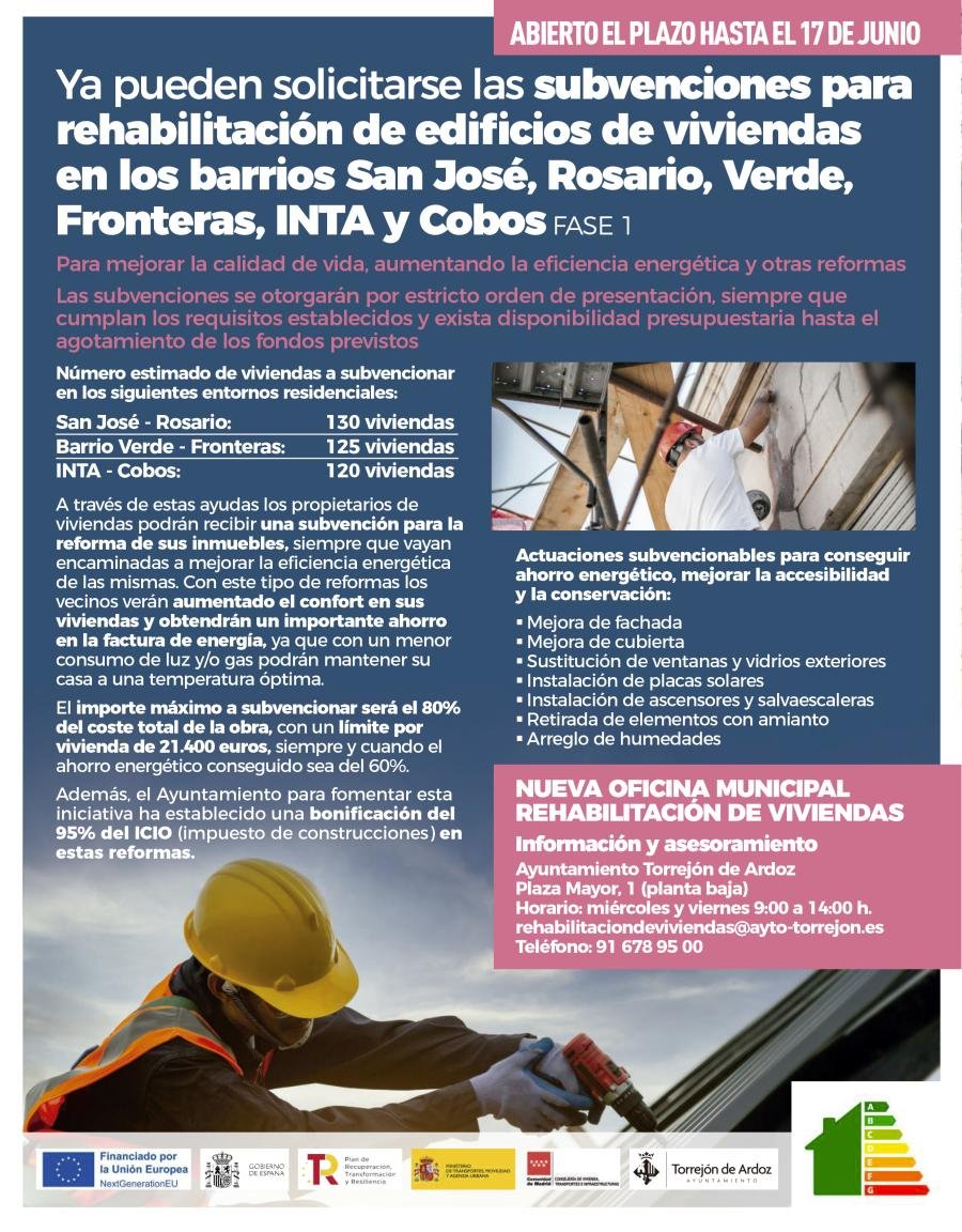 VIVIENDA | Sigue abierto el plazo para solicitar la subvención para la rehabilitación de los edificios de comunidades situados en los barrios de San José, Rosario, Verde, Fronteras, INTA y Cobos 
🔗bit.ly/3UEENPc
#TorrejónDeArdoz