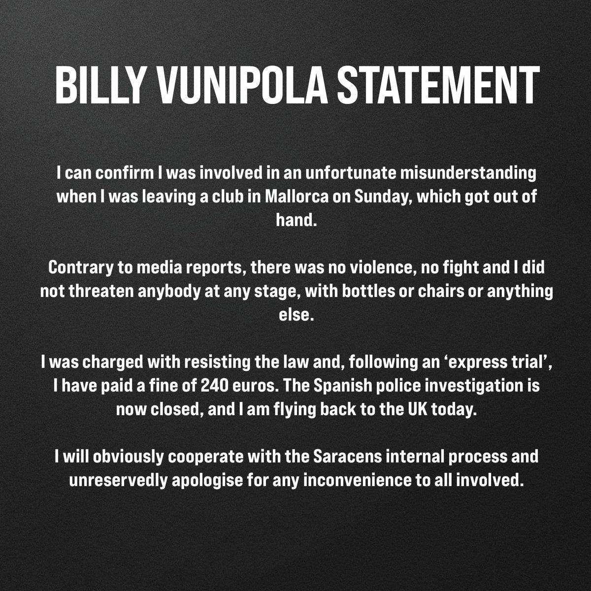 A statement on behalf of Billy Vunipola. #YourSaracens💫