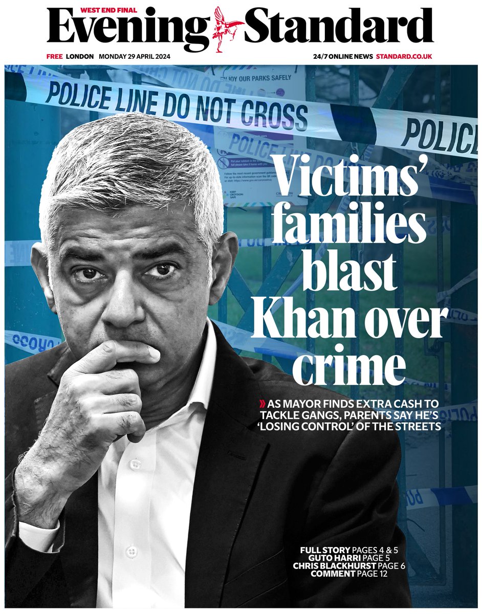 Sadiq Khan has 'completely lost control' of London's streets, say families of knife crime victims #frontpage Figures show there has been a 38 per cent increase in knife offences since Mr Khan took office eight years ago Read more: standard.co.uk/news/london/cr…
