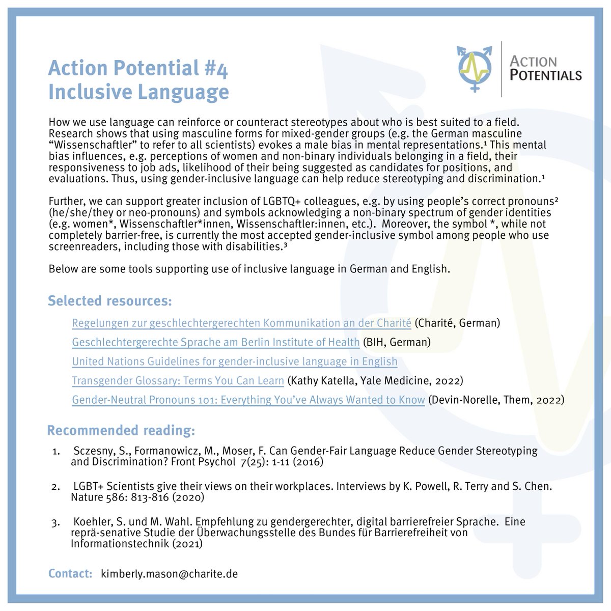 Continuing to share the “Action Potentials” series - actions #scientists can take to support equity, #diversity & #inclusion in areas where they have direct impact! Featuring Action Potential #4 for using language more inclusively to increase & support diversity in #science 👇🏽👇🏽