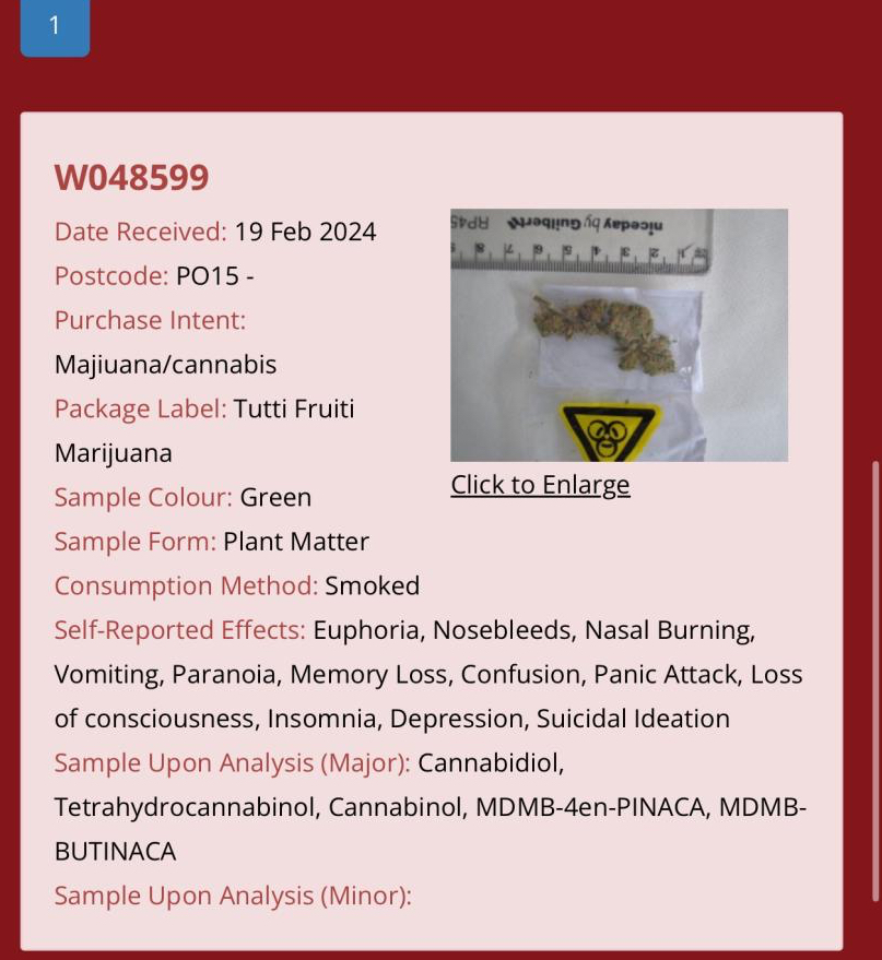 🚨CONTAMINATED WEED (UK) Recent sample from the UK shows cannabis flower sold as the 'tutti fruti' strain was contaminated with killer substances such as MDMB-4en-PINACA. Make no mistake, these same substances are here in Ireland - we just have no testing infrastructure.