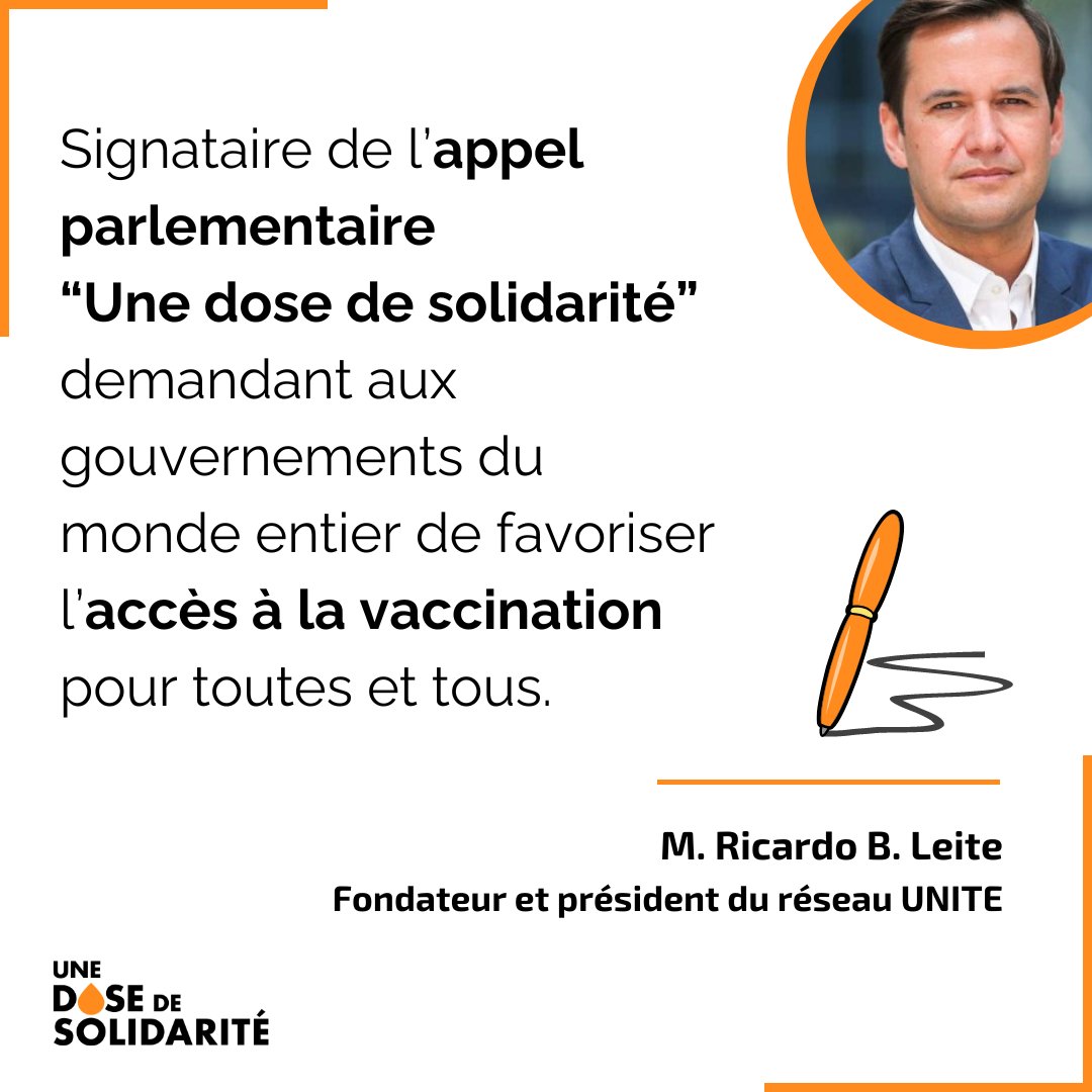 Ricardo B. Leite (@RBaptistaLeite), ancien parlementaire 🇵🇹 et fondateur et président de @UNITE_MPNetwork a signé l’appel pour une #DoseDeSolidarité et invite les parlementaires du monde entier à faire entendre leur voix en faveur de la vaccination.

📝 actionsantemondiale.fr/app/uploads/20…