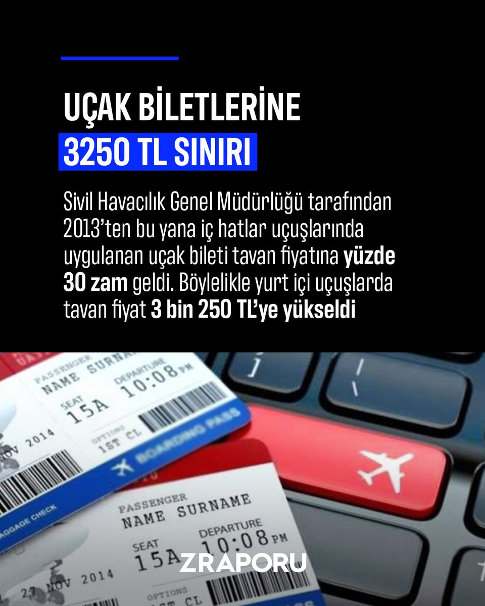 🎫 Sivil Havacılık Genel Müdürlüğü tarafından 2013’ten bu yana iç hatlar uçuşlarında uygulanan uçak bileti tavan fiyatına zam geldi. Yapılan yüzde 30 zamla birlikte yurt içi uçuşlarda tavan fiyat 3 bin 250 TL’ye yükseldi