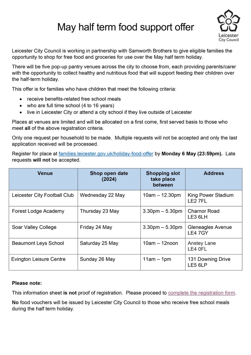 The May Half Term Food Offer is now live through @Leicester_News. Families are able to register using the details below. Registration link: families.leicester.gov.uk/holiday-food-o… Places at the food pop up shops are limited and will be offered on a first come first served basis.