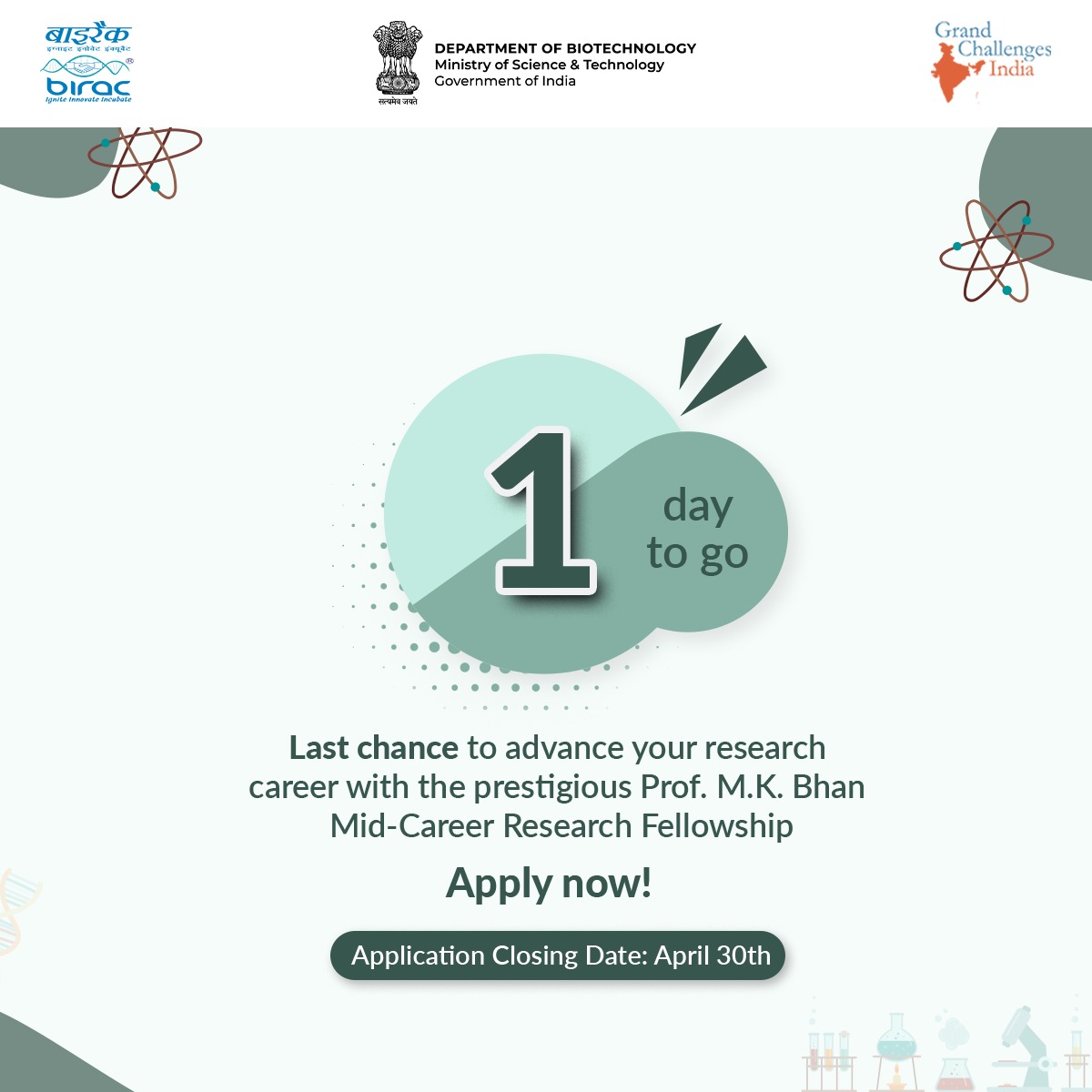 The esteemed Prof. M.K. Bhan Mid-Career Research Fellowship is for mid-career #researchers passionate about making a significant impact in #healthcare field. Last date to apply: 30th April’ 2024 (5:00 pm IST) For more details, visit: birac.nic.in/desc_new.php?i…