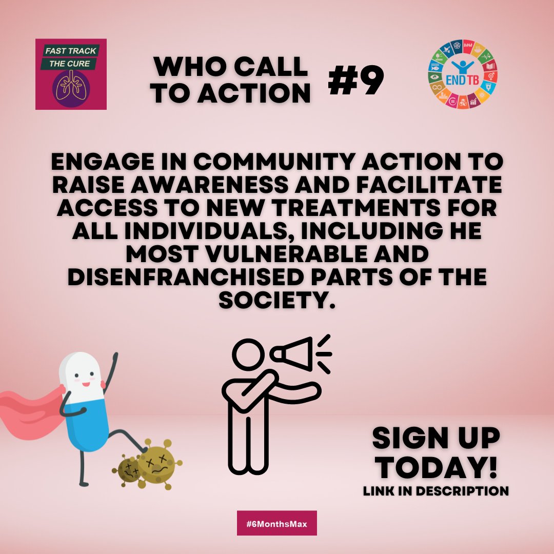 The @WHO & partners are calling on governments & other stakeholders to accelerate the implementation of the novel #6MonthsMax regimen for the treatment of drug-resistant TB. Everybody has a role to play, including you! Sign the call to action now: whoendtbforum.org/page/call-to-a… #EndTB