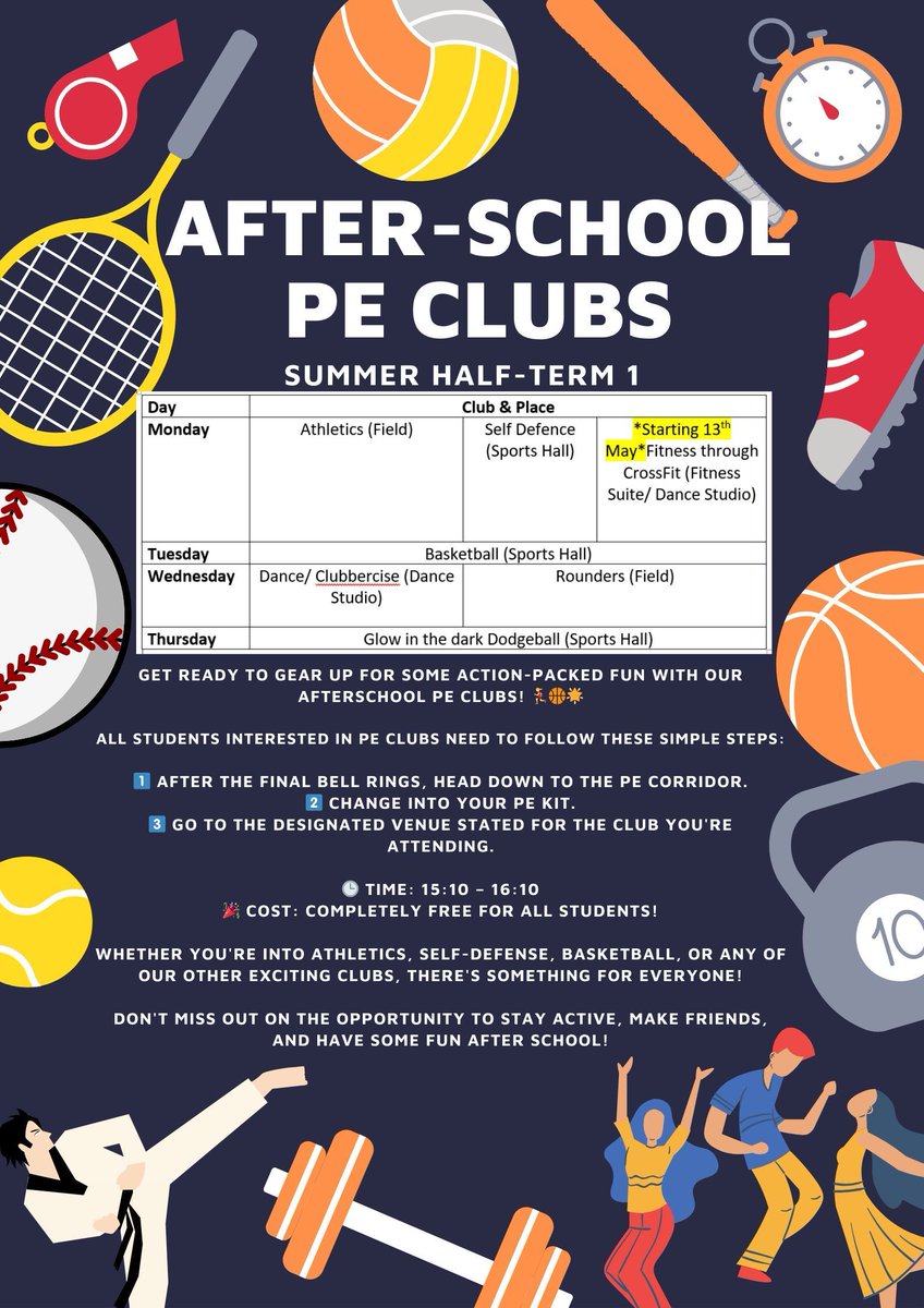 🌟 Exciting News! 🌟 Get ready to amp up your afternoons with our FREE afterschool PE clubs!