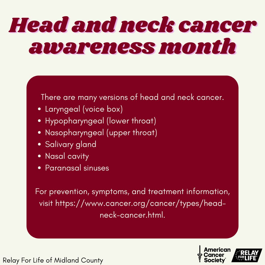 It's #HeadAndNeckCancerAwareness month. There are many types of cancer that fall under this category. Check out buff.ly/3TPKMyL for more information. 

#RelayForLife