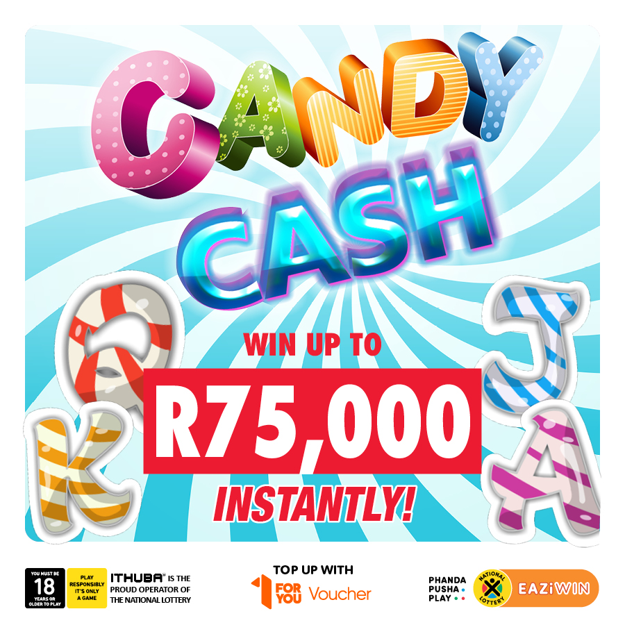 Stand a chance to Sweeten up your pockets with R75,000 instantly when you play EAZiWIN’s #CANDYCASH! Play NOW for only R5,00 on nationallottery.co.za or the Mobile App. PLAY NOW!!!