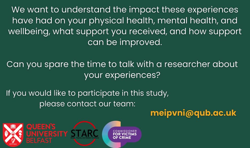 If you are an adult male who has experienced intimate partner violence, please consider taking part in this new research study which aims to shed light on this often overlooked crime. Email meipvni@qub.ac.uk to express your interest. @MensAdvisoryP provide specialist support.