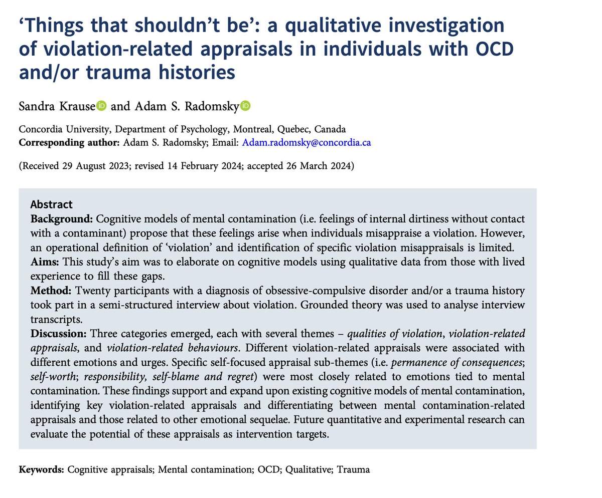BCP New FirstView paper: ‘Things that shouldn’t be’: a qualitative investigation of violation-related appraisals in individuals with OCD and/or trauma histories 

Full free text at buff.ly/3xZN0Ej