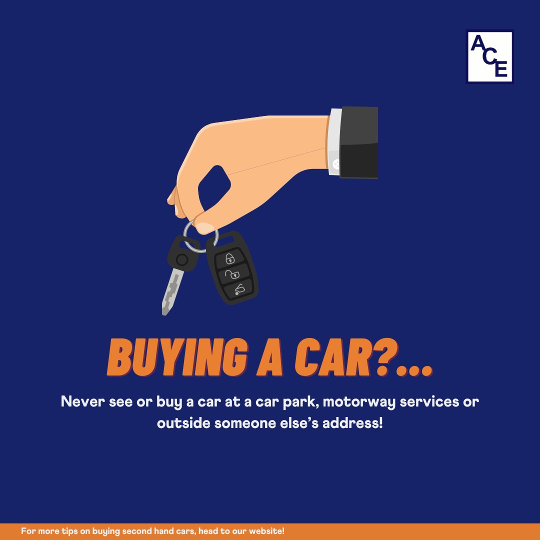 Don't forget the essentials! 🚗

Never meet at a car park, motorway services, or outside someone else's address—it can be unsafe, and you might not be protected if things go wrong.

For more helpful tips, visit: ace-uk.website/hints-and-tips…

#CarBuying #SafetyFirst #ACEAdvice