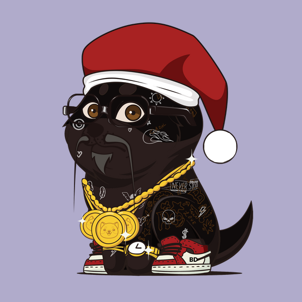 A baby doge NFT with dark fur and a miagi mouth wears a stylish rick doge outfit and sports business eyes. It poses against a lavender background, wearing a Santa headwear.