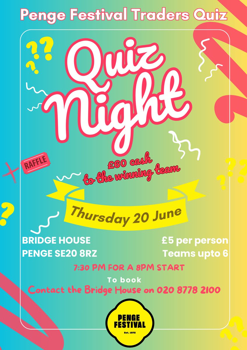 June 20th is the Penge Traders Quiz! Test your knowledge and have some fun while supporting the Penge Festival

Don't miss out on this exciting event - mark your calendars now! #PengeTradersQuiz #SupportLocalBusinesses #FunNightOut