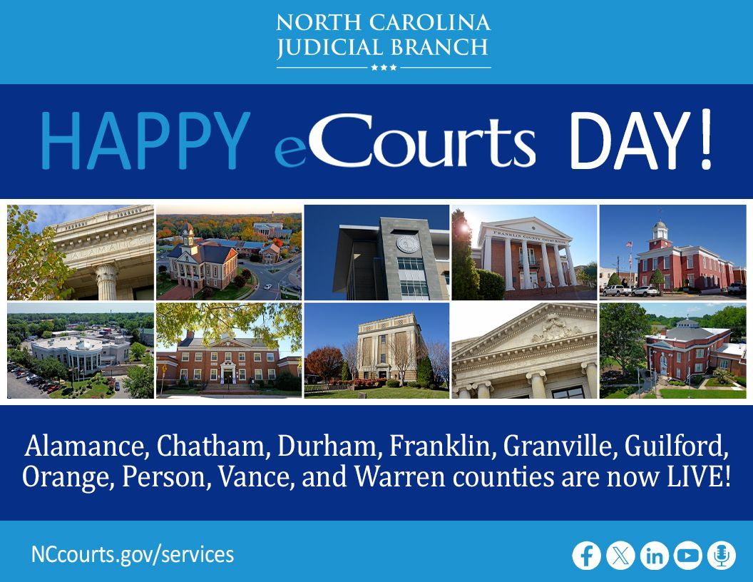 Happy eCourts Day, Track 4! Alamance, Chatham, Durham, Franklin, Granville, Guilford, Orange, Person, Vance, and Warren are now LIVE, bringing the total counties utilizing eCourts to 27! Visit buff.ly/2X9wKvx to learn more.