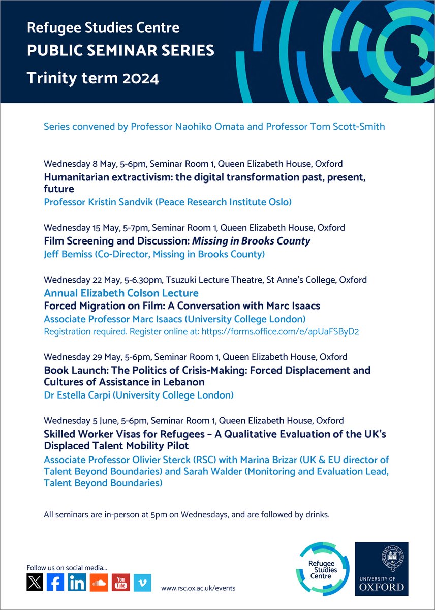 Join us for our public seminar series this term, beginning on Wed 8th May with Prof Kristin Sandvik (@PRIOresearch) speaking on ‘Humanitarian extractivism: the digital transformation past, present, future’. Full list below and at rsc.ox.ac.uk/news/public-se…