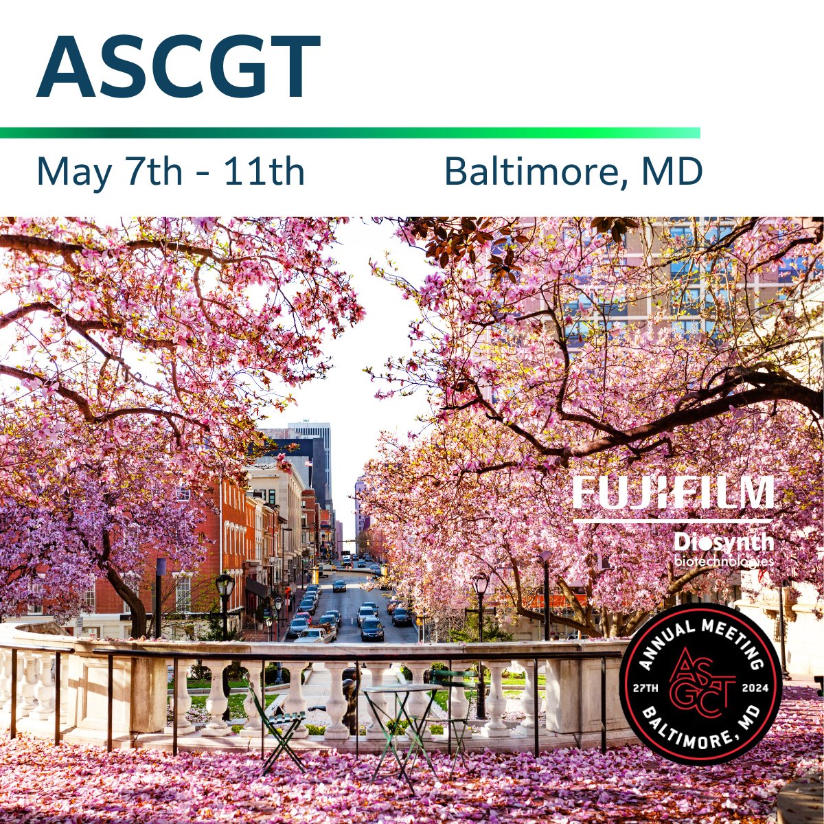FUJIFILM Diosynth Biotechnologies will be a sponsor at ASGCT from May 7-11, 2024, in Baltimore, MD! Schedule a meeting with our team via the event app or stop by booth 1927 to discover how we can help you advance and deliver tomorrow's medicines! #ASGCT #Biotech
