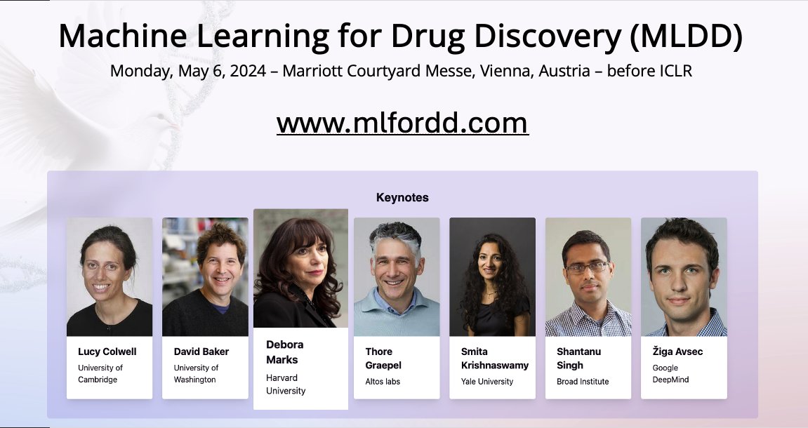 Just one week until the Machine Learning for Drug Discovery (MLDD) event in Vienna, Austria!

With a stellar line-up of speakers: 
@lucycolwell37, @UWproteindesign, @deboramarks, @ThoreG, @KrishnaswamyLab , @shantanuXsingh & @Avsecz 

.. guiding us through the most exciting…