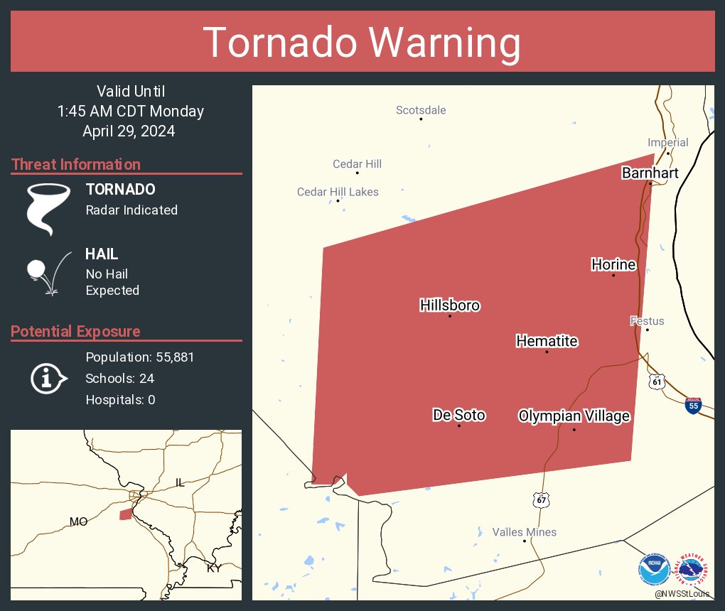 Tornado Warning continues for De Soto MO, Barnhart MO and Hillsboro MO until 1:45 AM CDT