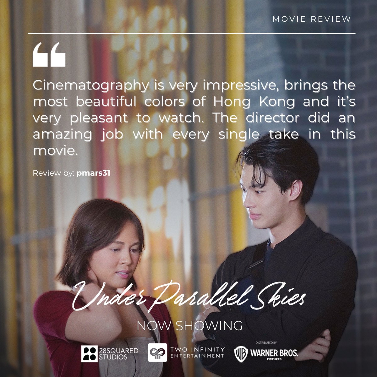 MOVIE REVIEW: Cinematopgraphy is very impressive, brings the most beautiful colors of Hong Kong.

Catch #WinMetawin and #JanellaSalvador in one of the most anticipated film collaborations of the year in Asia, #UnderParallelSkies, at cinemas near you:

Philippines - Now Showing on…