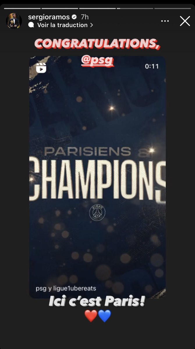 « Félicitations PSG. Ici c’est Paris ! ❤️💙 » Sergio Ramos félicite le Paris Saint-Germain pour son nouveau titre de Champion de France ! 🫶