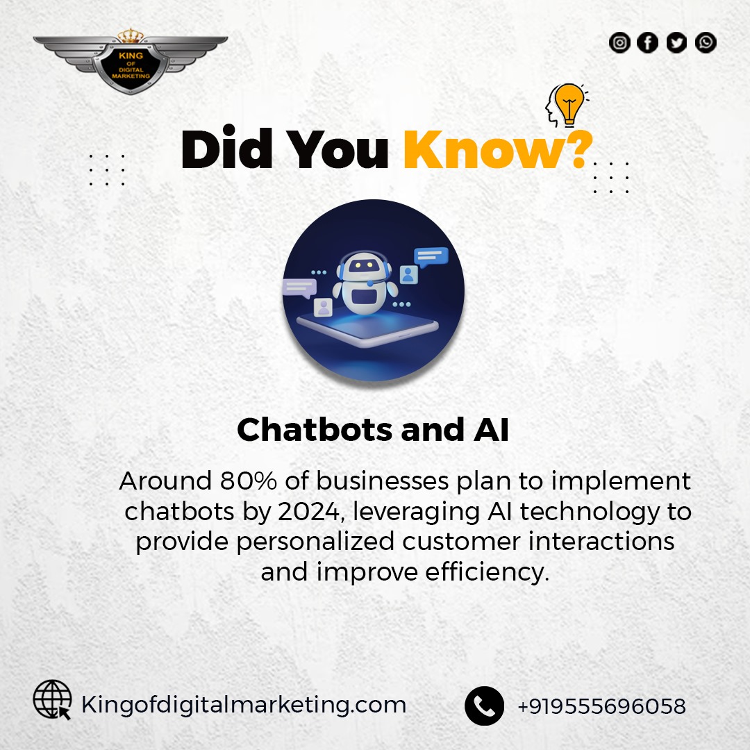 Chatbots and AI are transforming customer interactions, making businesses smarter and more efficient. 🤖✨
Contact us- 9821918208
kingofdigitalmarketing.com

#Chatbots #AI #FutureTech #CustomerInteractions #TechInnovation #DigitalTransformation #ArtificialIntelligence
