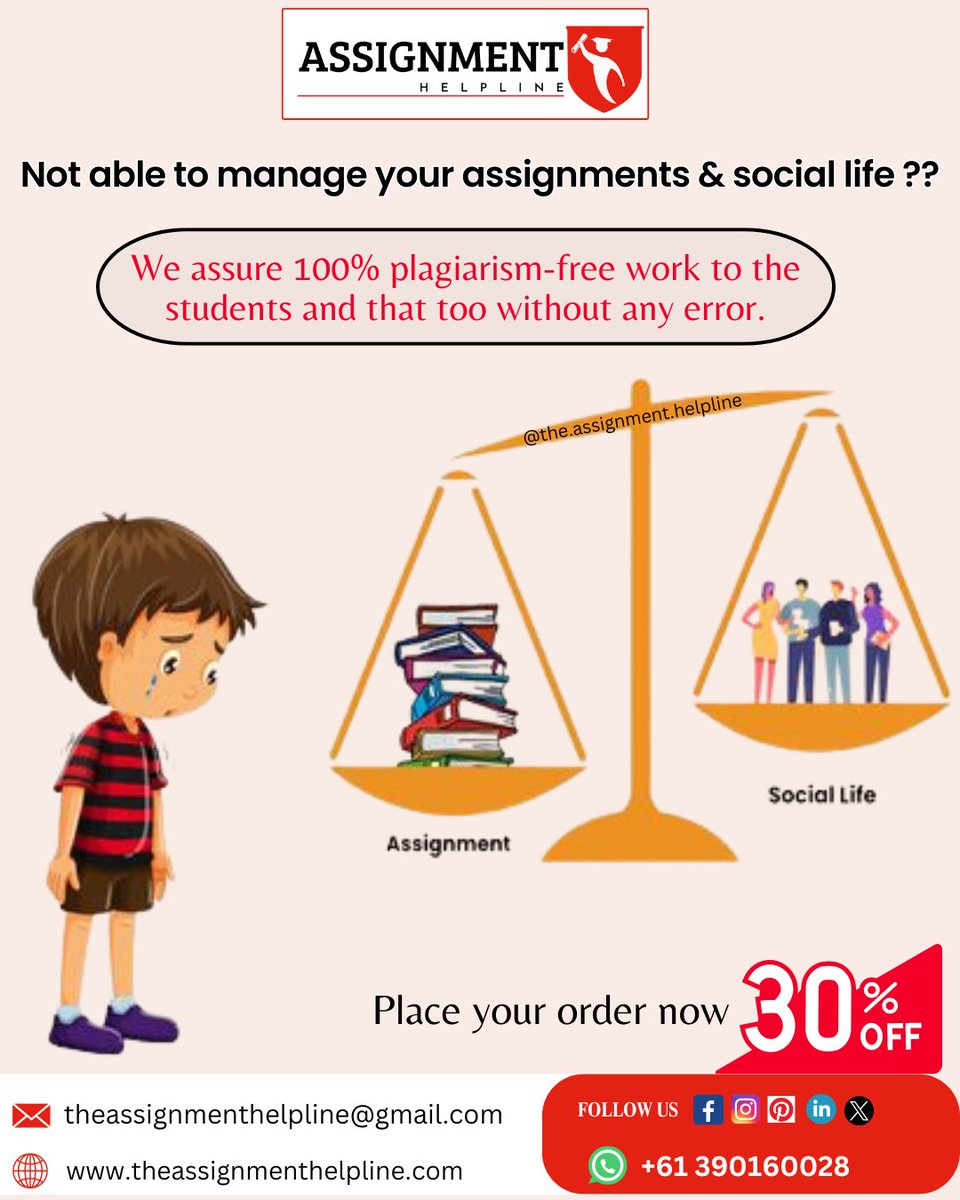 Struggling to juggle assignments and a social life? Let our experts lend a hand! Our 100% #plagiarismfree, error-free #solutions will ease your #workload. Order now and reclaim your balance!
👉Get Instant Help! wa.me/+61390160028
#sociallife #sociallifeaustralia