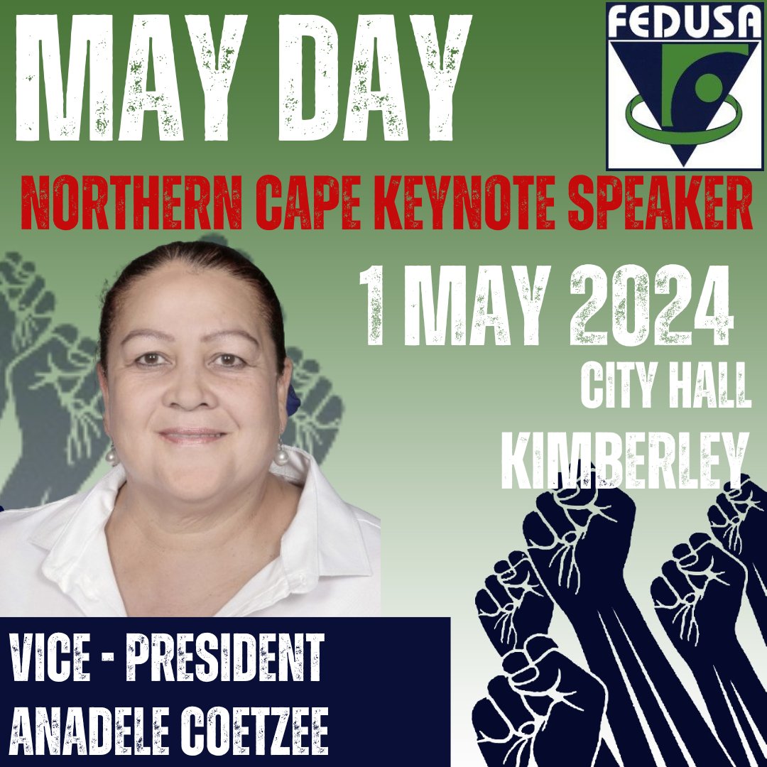 On 1 May, join FEDUSA in commemorating Workers’ Day at the City Hall, Kimberly in Northern Cape. keynote speakers include FEDUSA Deputy General Secretary Ashley Benjamin and Social Justice Committee Vice-President, Anadele Coetzee. #MayDay2024 #WorkersDay @unionofchoice