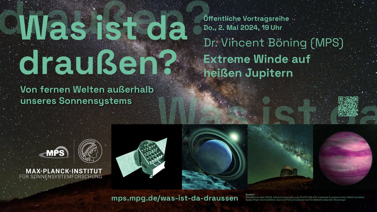 Coming up this week on Thursday is the next talk in our public lecture series “Was ist da draußen?” on #exoplanets. Vincent Böning from #MPSGoettingen will speak about the winds on #HotJupiters. In German. More infos here: mps.mpg.de/was-ist-da-dra… @thegoecampus