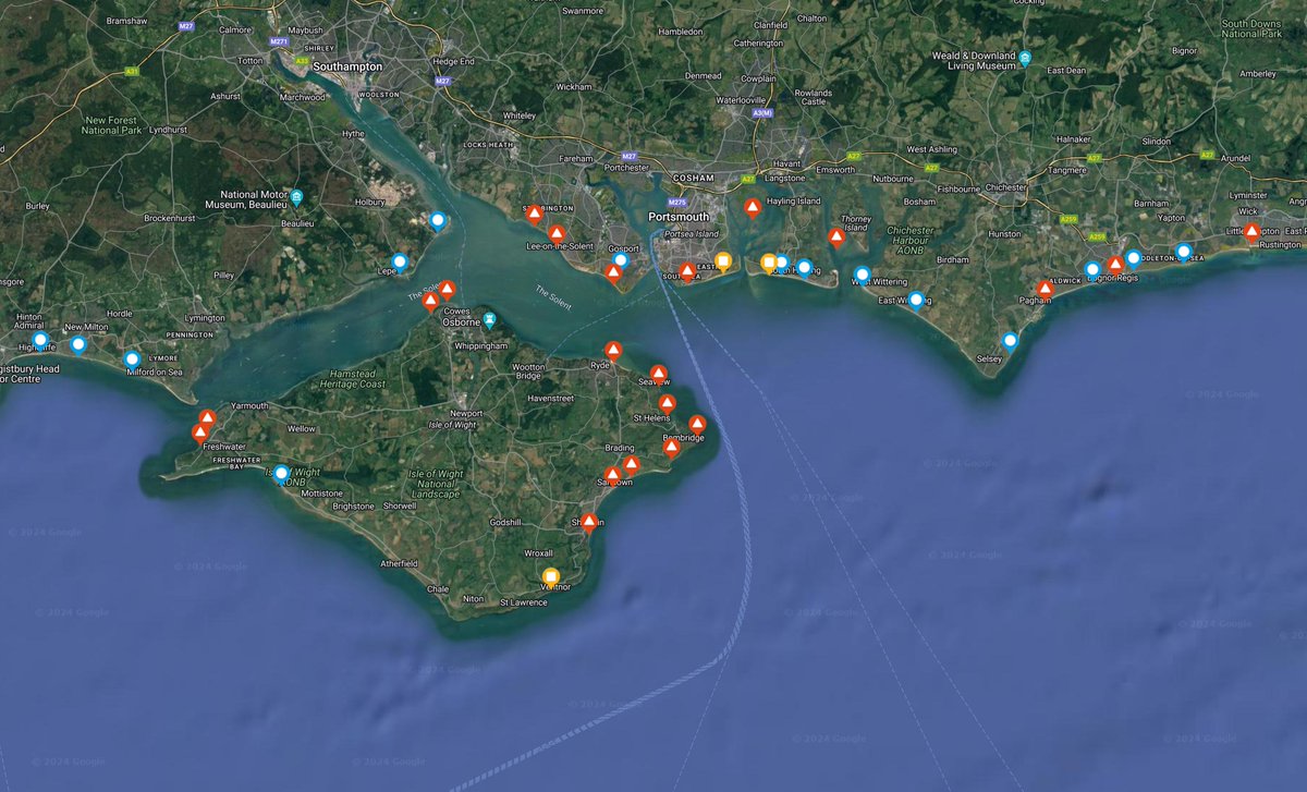 And indeed the Isle of Wight, Portsea Island, Hayling Island, Thorney Island, Bognor, Paghan, Rustington, hell you know what, just avoid the south coast. In fact don't go swimming, at all, anywhere, not today.