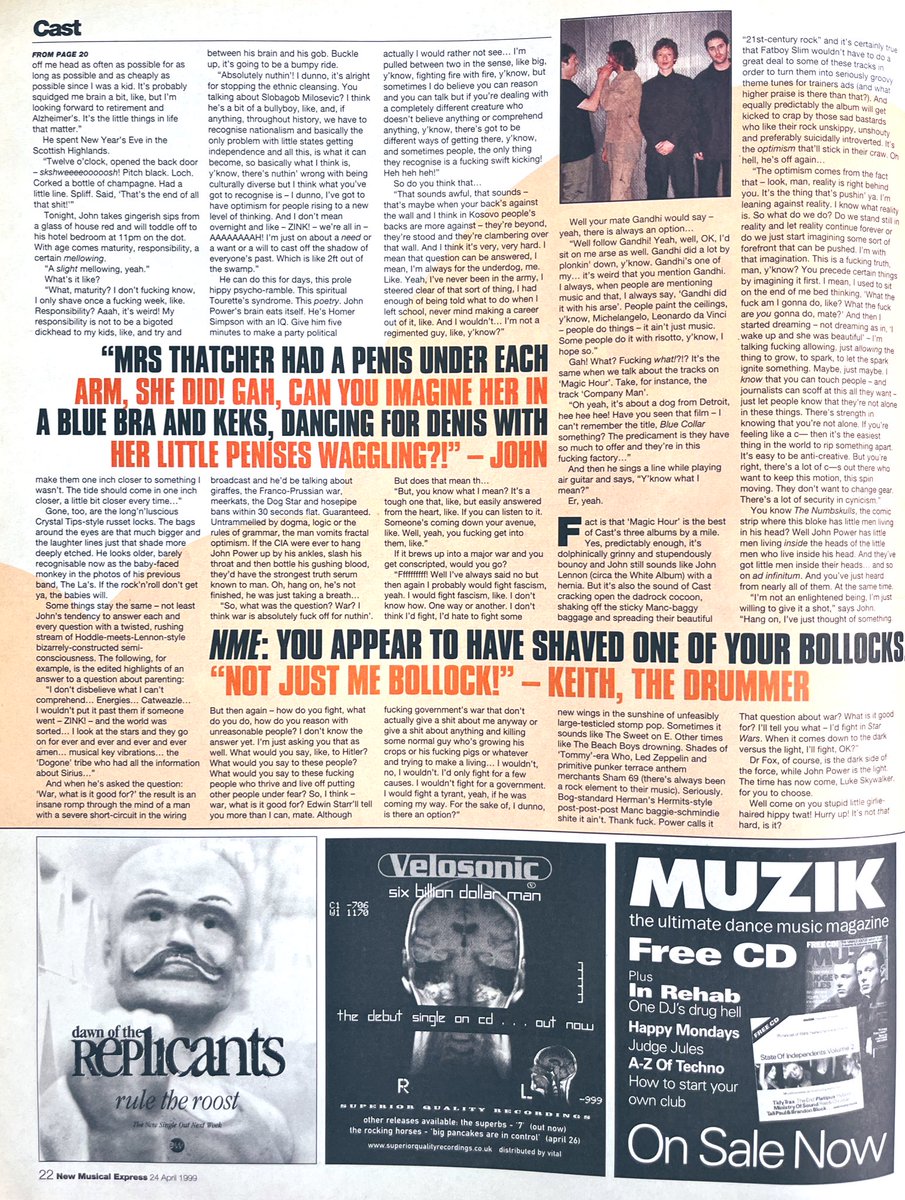 Cast interviews were always amusing, here’s the lads interviewed by Steven Wells for the NME 25 years ago this month. They were preparing to release their first post-Britpop album “Magic Hour”. 📸 @RogerSargo