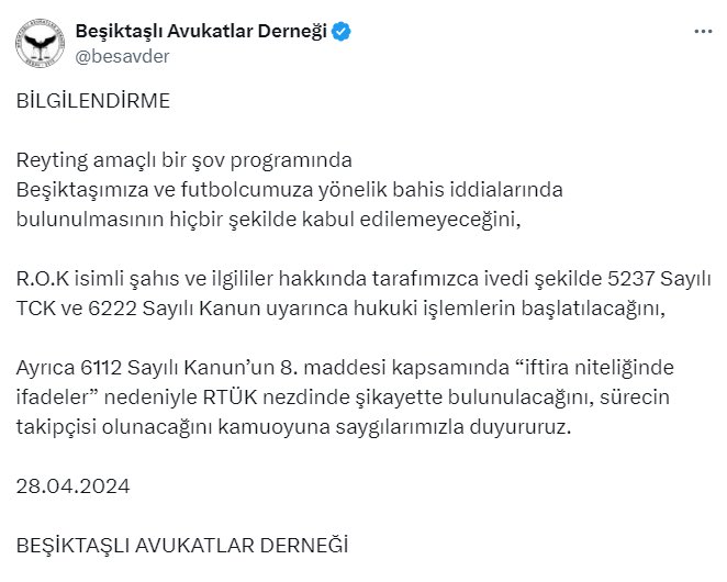 Beşiktaşlı Avukat Derneği, Rasim Ozan Kütahyalı ve Beyaz Futbol'la ilgili savcılığa ve RTÜK'e şikayette bulunulduğunu açıkladı.