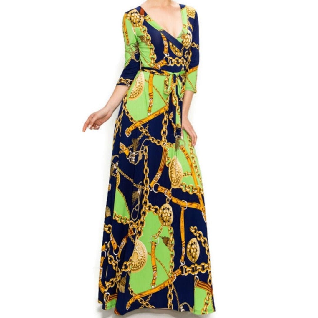 Lime Gold Chain Buckle Tassel Faux Wrap Maxi Dress tuppu.net/51910708 #smallbusiness #plussizefashion #womenfashion #bridesmaid #jumpsuits #wedding #maxidress #janettefashion #PrintFashionDress