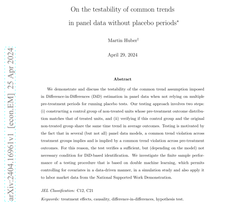 🔥 #EconTwitter Check out my new paper on #DifferenceinDifferences, exploring the testability of the common trend assumption in panel data without requiring multiple pre-treatment periods for placebo tests: arxiv.org/abs/2404.16961 
#CausalInference #StatsTwitter #Econometrics