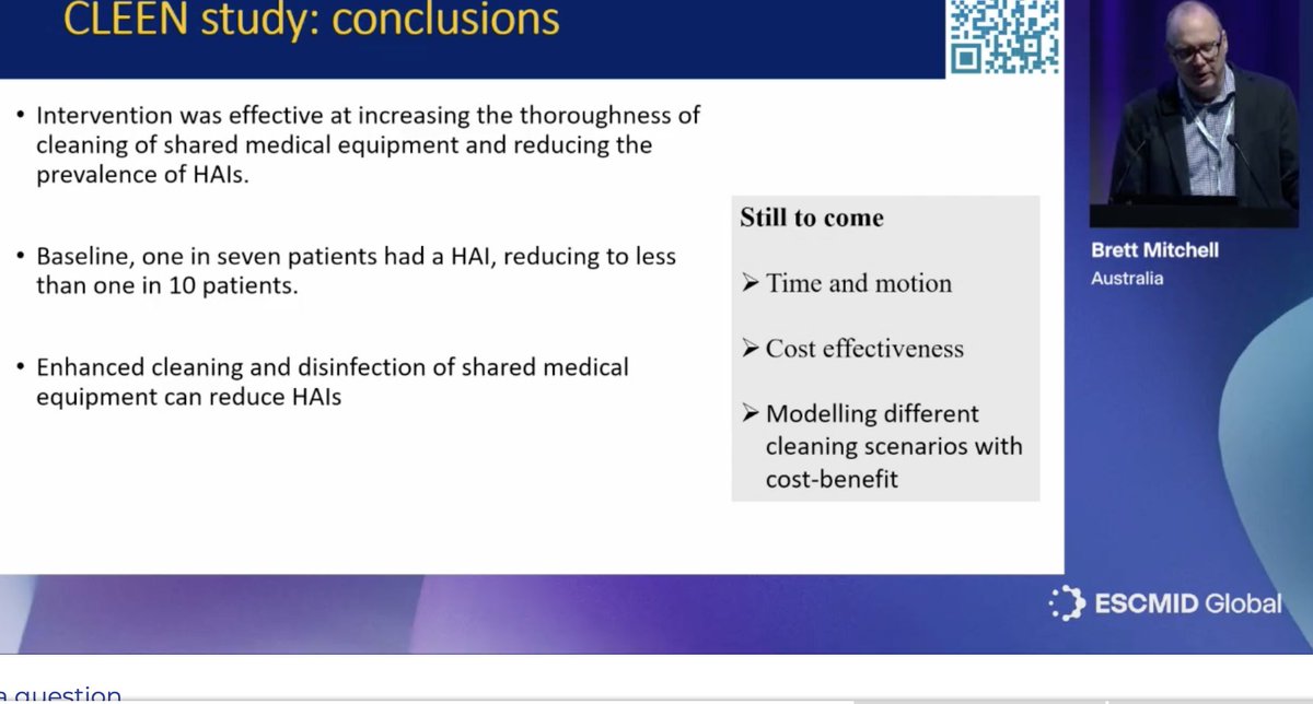 #ECCMID2024 Brett Mitchell: CLEEN study, stepped wedge RCT, 5,002 participants; cleaning bundle intervention associated with a significant reduction in HAIs, OR 0.61 (95%CI 0.47-0.81, p<0.001); cleaning of shared med equipment seems important, high baseline HAI rate (17%)
