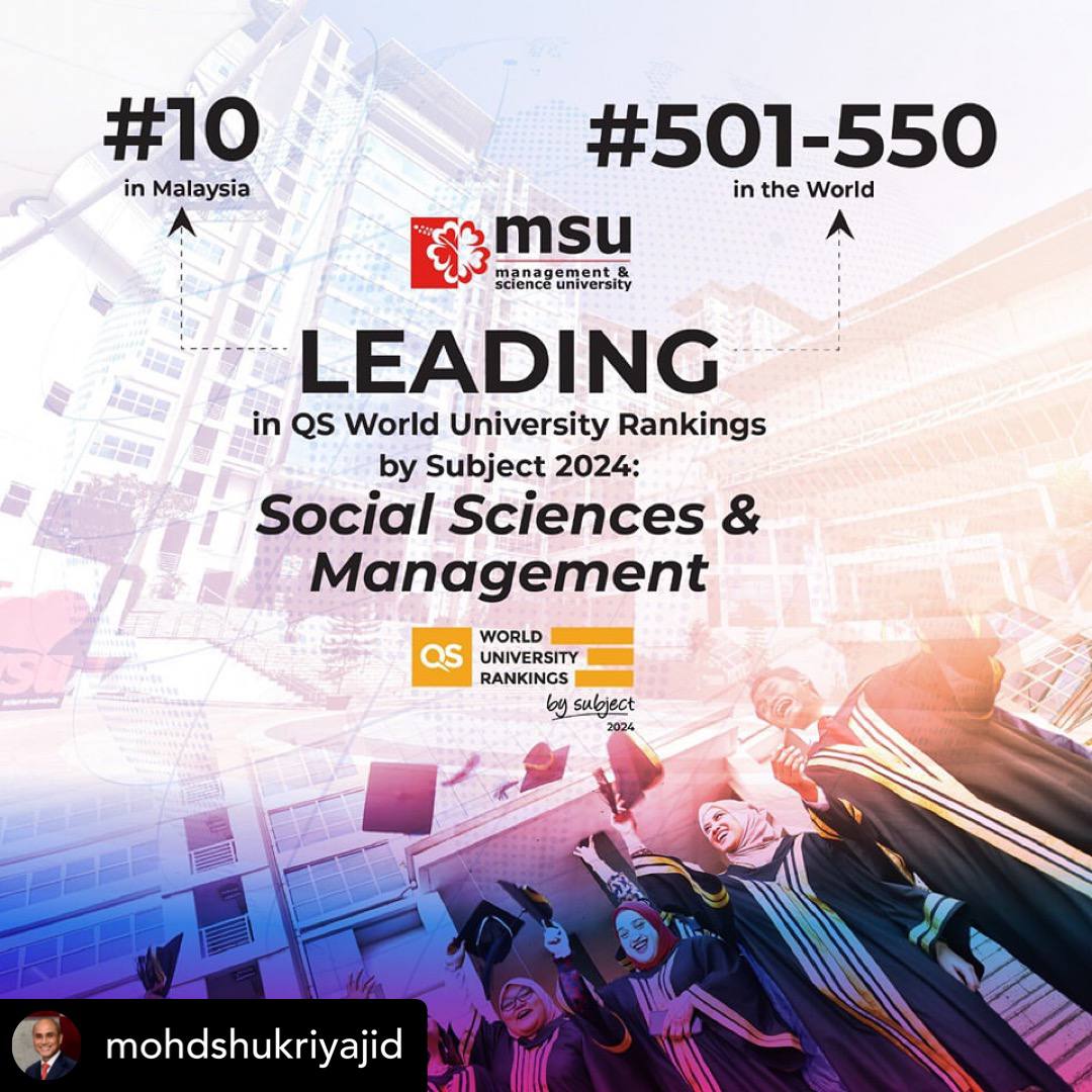 Well done #MSUrians! I'm delighted to announce the inclusion of our disciplines 'Computer Science & Info Systems' and 'Social Sciences & Management' in top #501 and #601 worldwide ranking, and Top 15 in Malaysia, of QS World University Rankings. #MSUmalaysia @TopUnis