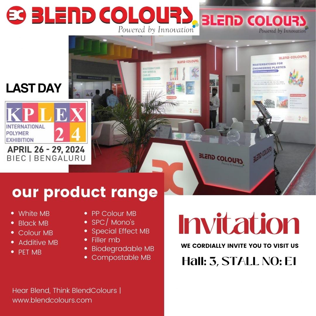 Invitation: We cordially invite you to visit us Hall: 3, Stall No: E1     

blendcolours.com Hear #Blend, Think #Blendcolours #Masterbatch #plasticsindustry #PlasticsExpo #InternationalExhibition #plasticmanufacturing #KPLEX2024 #MasterbatchManufacturer #Innovation