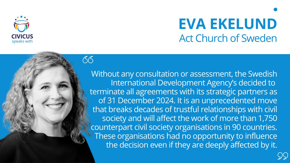 🇸🇪SWEDEN: ‘Sida’s decision to terminate our agreements breaks decades of trustful relationships with civil society’ says @Evacekelund of @Act_Svk 🔗web.civicus.org/EvaEkelund #CIVICUSLens @plansverige @crdefenders @ForumCiv @concordswe @DiakoniaSverige