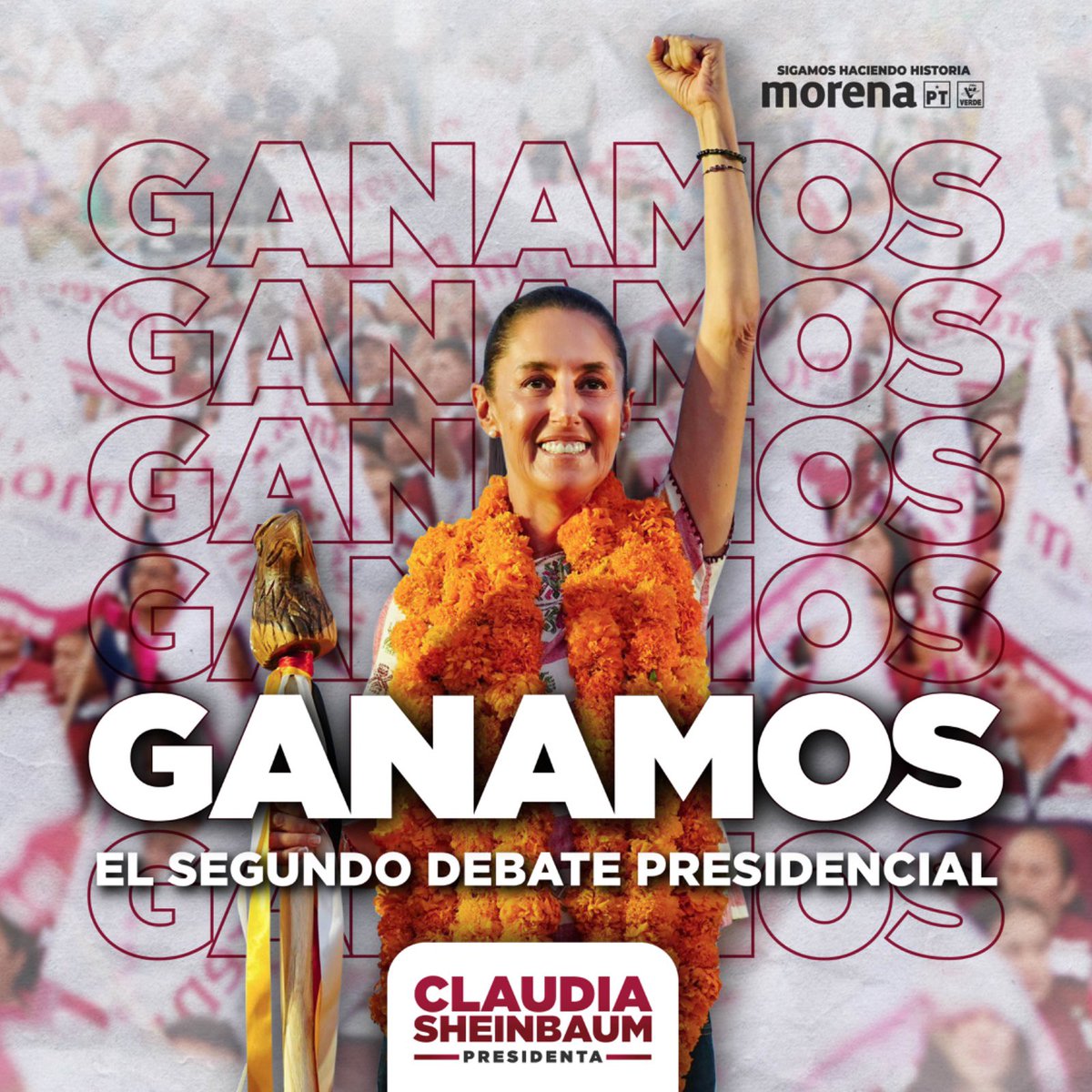 Claudiashein's tweet image. Ganamos el segundo debate presidencial y vamos a ganar este 2 de junio la presidencia de México. Juntas y juntos #SigamosHaciendoHistoria #ClaudiaPresidenta