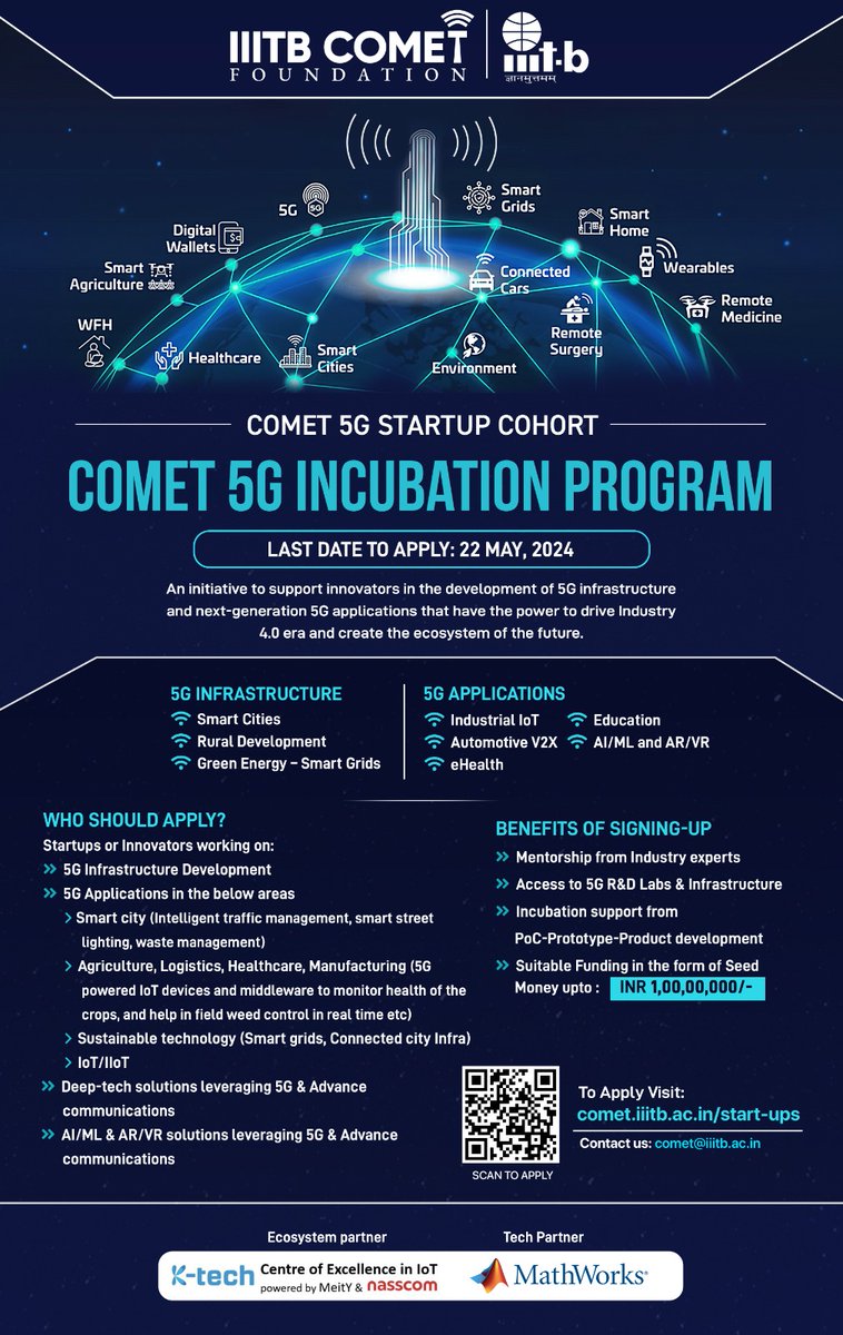 #IIITBangalore COMET Foundation invites applications from aspiring individuals and ventures in the dynamic fields of Advanced Communication and 5G technology. Apply by May 22, 2024 Apply as a startup: bit.ly/sTARTUP Apply as an EIR: bit.ly/EiR