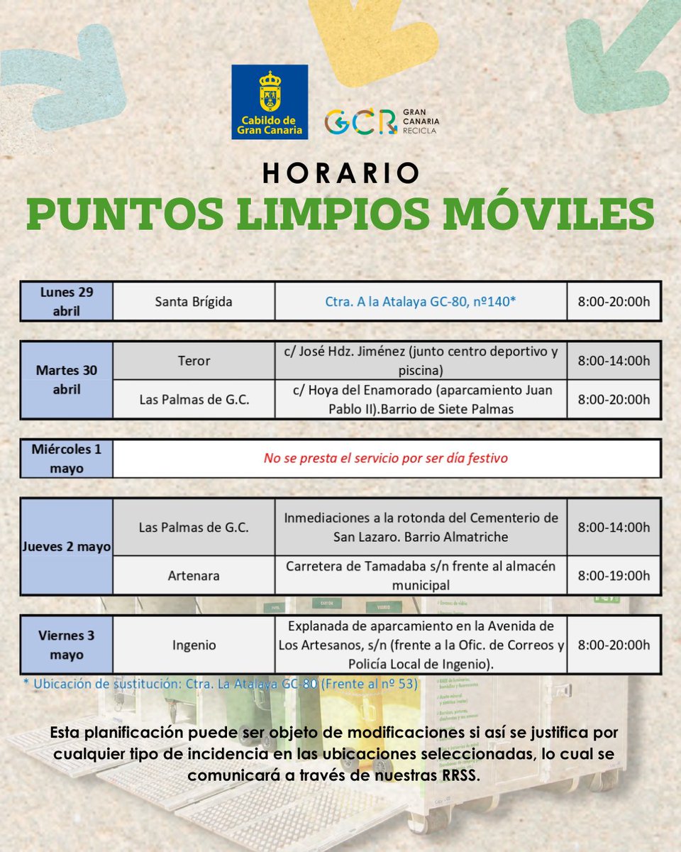 Localizaciones y horarios de los #PuntosLimpiosMóviles ♻️ del Cabildo @GC_Recicla para esta semana, del 29 de abril al 3 de mayo (❌ el miércoles, 1 de mayo, es festivo y no se presta servicio) 👇🏼 #PuntosLimpios #CabildoGC #GCRecicla