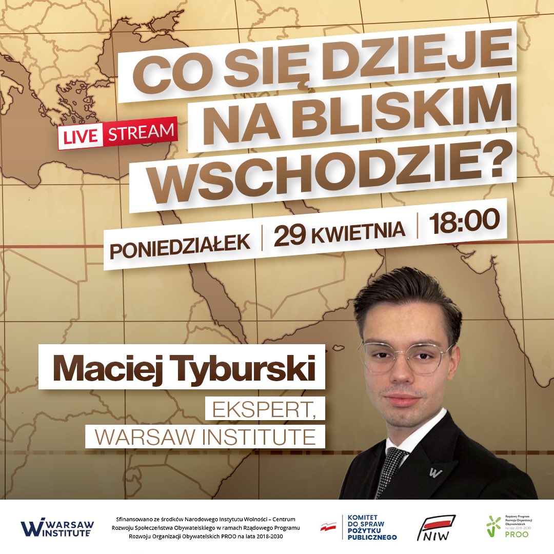 🌍#BliskiWschód

❗️Zapraszamy na naszą dzisiejszą debatę online! Dyskusję poprowadzi jeden z ekspertów Warsaw Institute - Maciej Tyburski!

🔎Oglądaj nas na żywo: facebook.com/share/WYXsuvhM…

Do zobaczenia o 18!👋