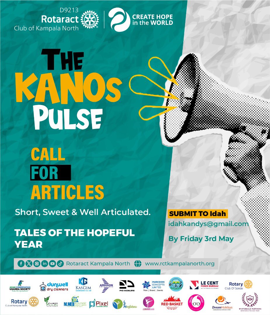 📣 CALL FOR ARTICLES📣 Calling all members, guests, friends of KANOs, past presidents & corporate partners! Share your stories, ideas & insights with Rotaract Club of Kampala North for the next #KANOsPulse magazine! Submit articles on projects, leadership & more to