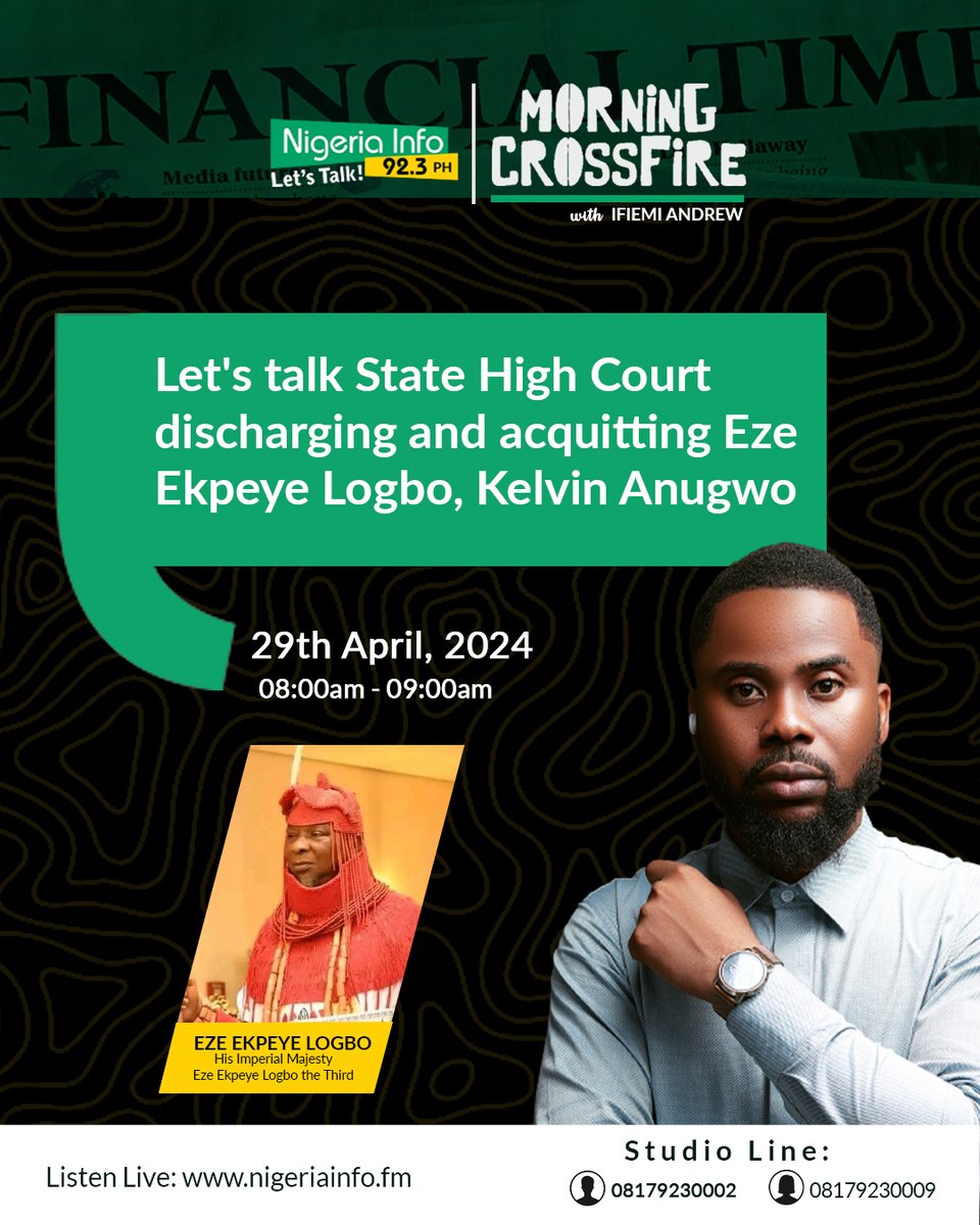 Coming up on #MorningCrossFire with @IfiemiAndrew, 📌 Do you think the death of 2baba has brought peace to Ekpeye ethnic Nation Guest: His Imperial Majesty Eze Ekpeye Logbo the Third #letstalk ! 📻Listen: nigeriainfo.fm/port-harcourt/… #NigeriaInfoFM