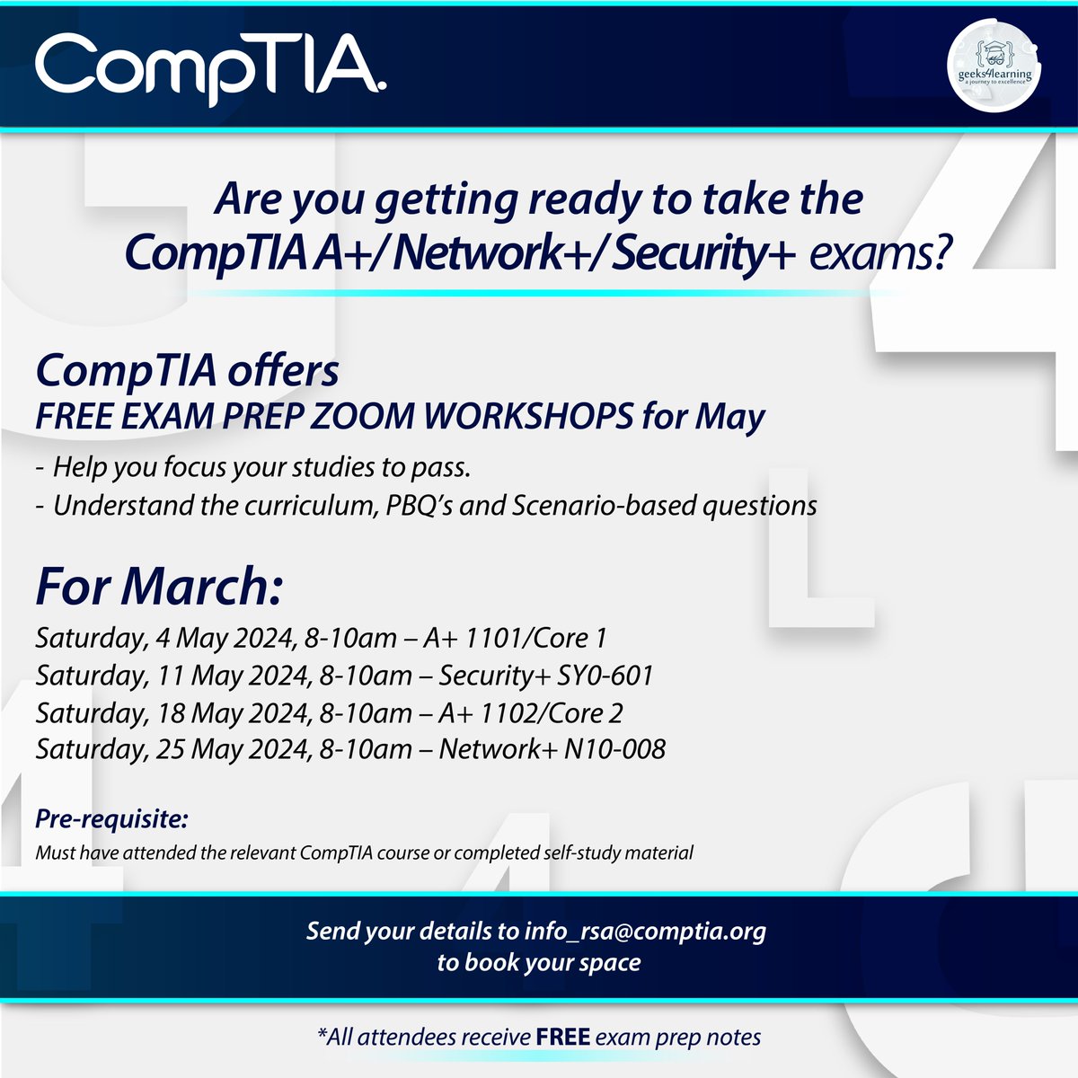 Following the success of CompTIA’s free CompTIA exam prep workshops, CompTIA has decided to host more👏🤩
Get ready to take your CompTIA A+/Network+/Security+ exams with CompTIA, book your space today! ✍

#getcertified #workshops #booktoday #freeworkshops #certification